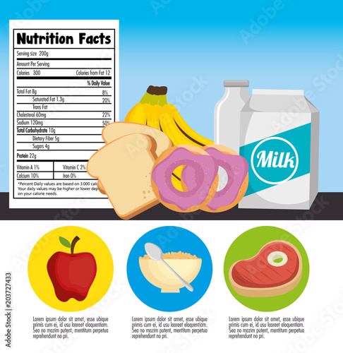 group of nutritive food with nutrition facts vector illustration design