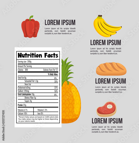 group of nutritive food with nutrition facts vector illustration design