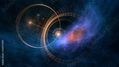 Fantasy, journey through space and time. Deep space, colorful nebula, star fields and ancient nautical instrument. Vintage motion background.  Animation, abstract illustration, seamless loop