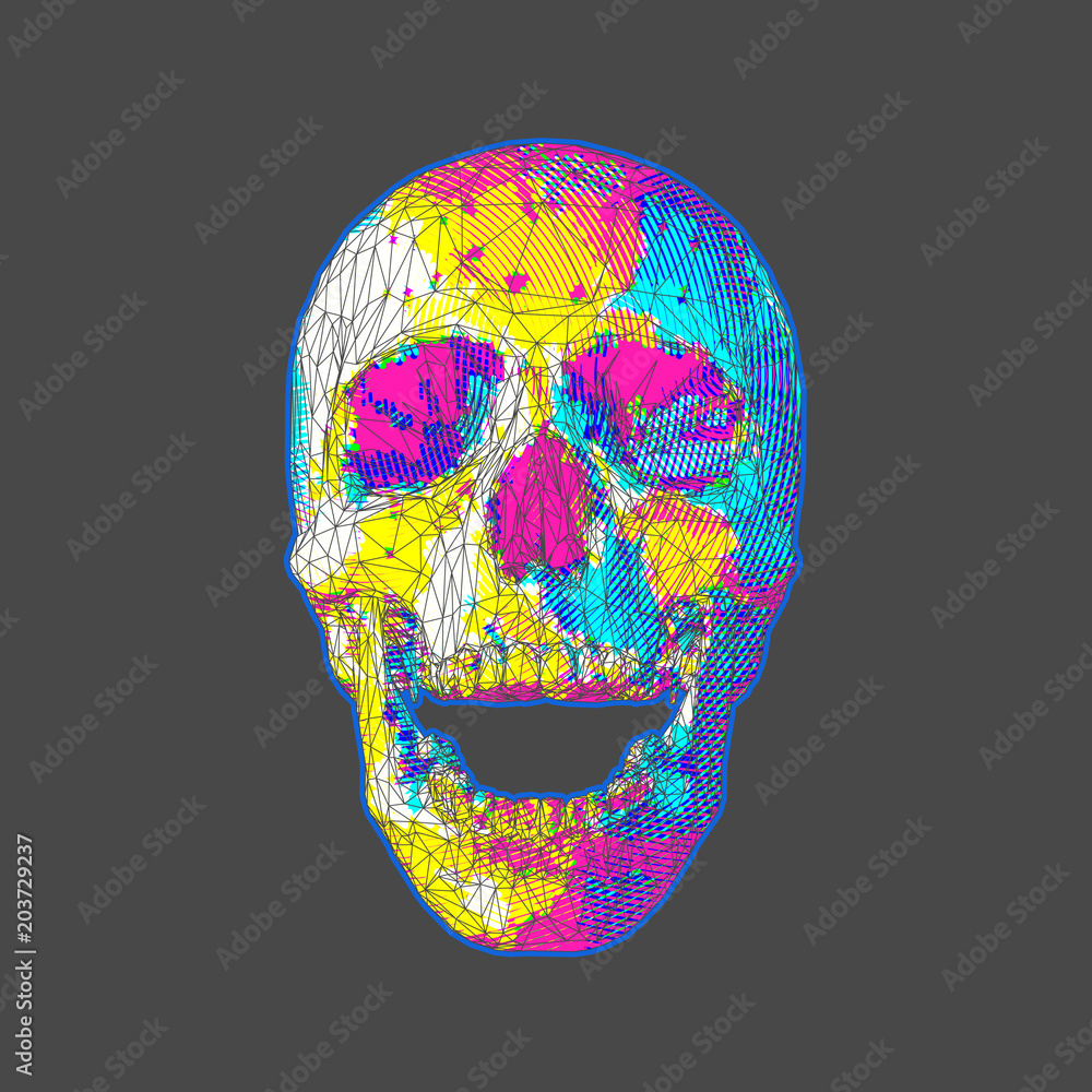 Low poly stylized digital skull on dark BG