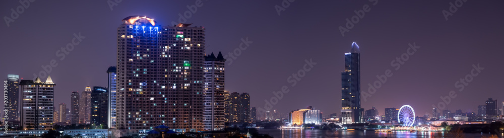 panorama night cityscape urban on the river view of metropolis