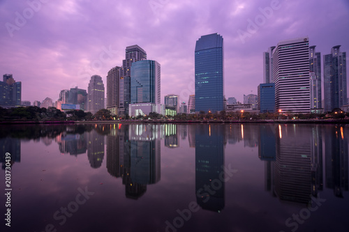 landscape of benjakitti park and cityscape with mirror on water © bank215
