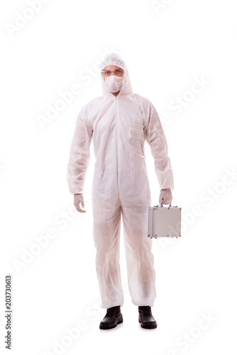 Criminologist in protective suit with steel case © Elnur