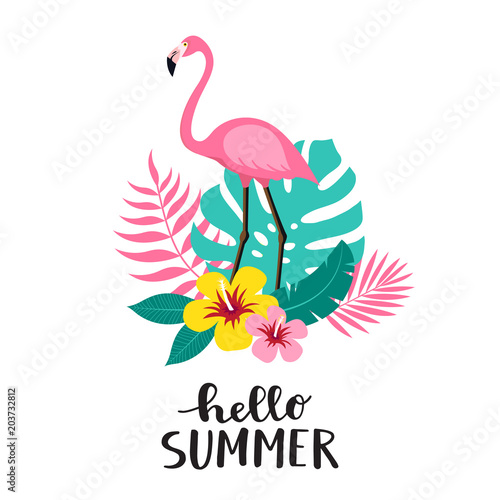 Flamingo bird with exotic tropical leaves and flowers. Hello summer lettering. Vector illustration
