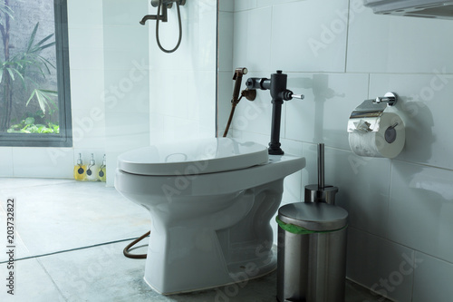 White toilet bowl in the modern bathroom.