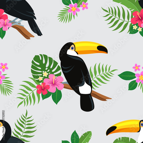 Summer colorful bright seamless hand drawn tropical pattern with toucan birds and exotic plant leaves and flowers of hibiscus and plumeria on gray background. Hawaiian style. Vector illustration