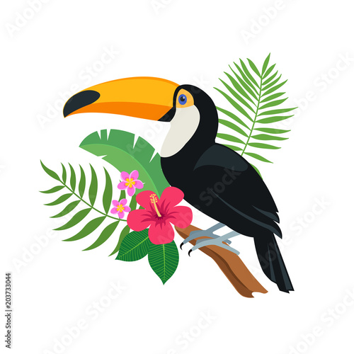 Cute toucan bird sitting on a tropical branch with exotic leaves and flowers of hibiscus and plumeria. Bright colorful vector illustration in cartoon style photo