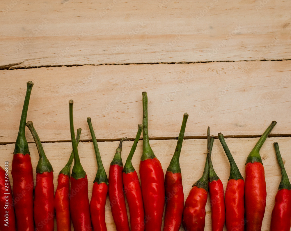 Hot and spicy red chilli on wood table background Hot and spicy red chilli on wood table background