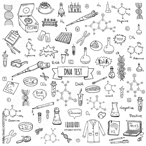 Hand drawn doodle DNA test icons set. Vector illustration. Medical lab symbol collection. Cartoon nano technology, medicine, genome elements: research tools, substance, molecules, nitrogenous bases
