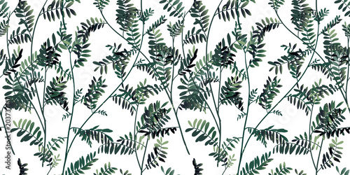 Seamless pattern, hand drawn green leaves, floral garden on white background