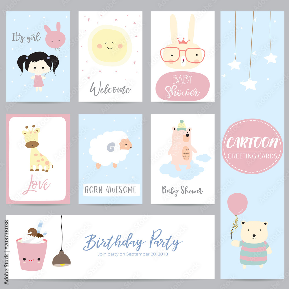 Pink blue pastel greeting card with balloon,giraffe,girl,sheep,bear and dessert