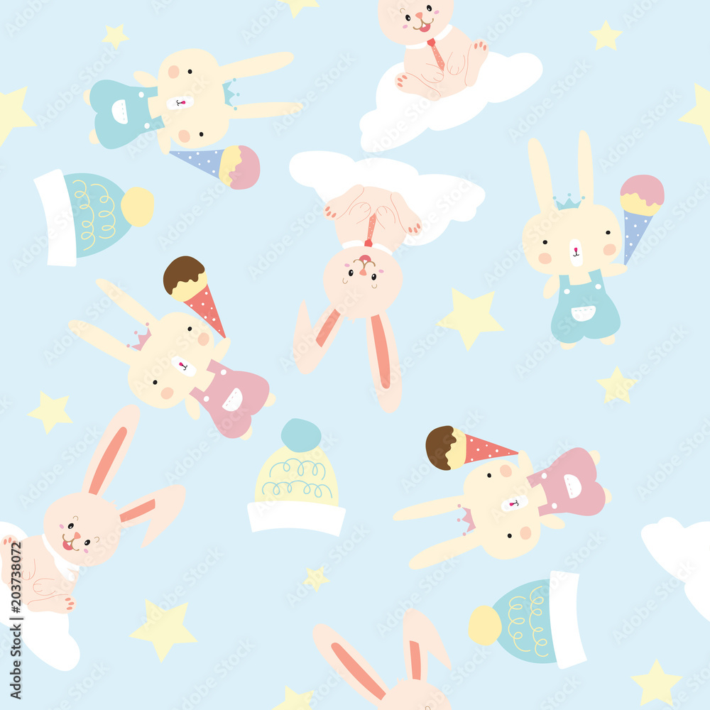 Fototapeta premium Cartoon pattern with rabbit,ice cream,hat and cloud