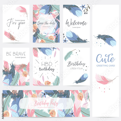 cute cards for banners,Flyers,Placards with feathe and flower