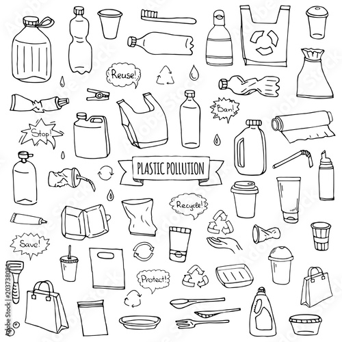 Hand drawn doodle Stop plastic pollution icons set Vector illustration sketchy symbols collection Cartoon concept elements Bag Bottle Recycle sign Package Disposal waste Contamination disposable dish