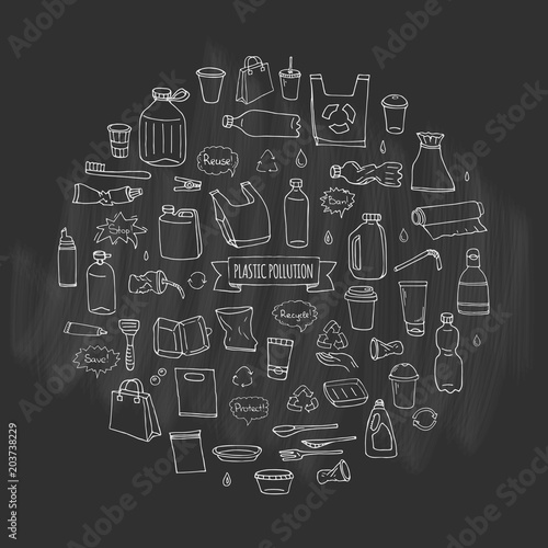 Hand drawn doodle Stop plastic pollution icons set Vector illustration sketchy symbols collection Cartoon concept elements Bag Bottle Recycle sign Package Disposal waste Contamination disposable dish