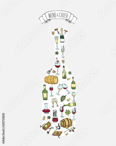 Hand drawn wine set icons Vector illustration Sketchy wine tasting elements collection Objects Cartoon Drink symbols Vineyard background Alcohol background Winery illustration Grape, Glass, Bottle