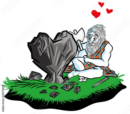 The first man in love. caveman carving of heart shaped stone. illustration of caveman carving stone for his girlfriend. Funny postcart for valentine's day. 
