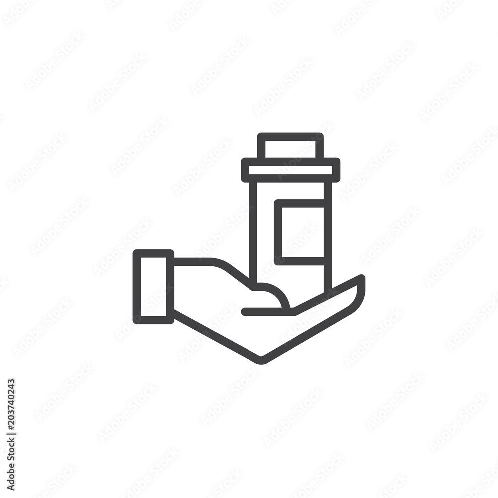 Hand holding medicine bottle outline icon. linear style sign for mobile concept and web design. Hand with pills simple line vector icon. Symbol, logo illustration. Pixel perfect vector graphics