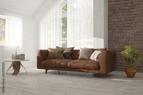 Idea of white minimalist room with sofa. Scandinavian interior design. 3D illustration