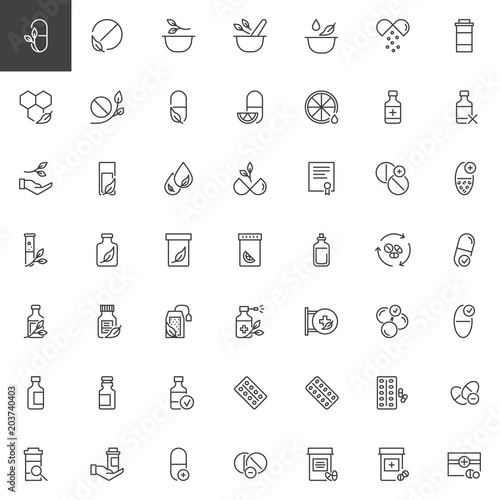 Medicaments outline icons set. linear style symbols collection, line signs pack. vector graphics. Set includes icons as pills, mortar, herbal, leaves, honeycomb, medicine, vitamin pharmacy medical