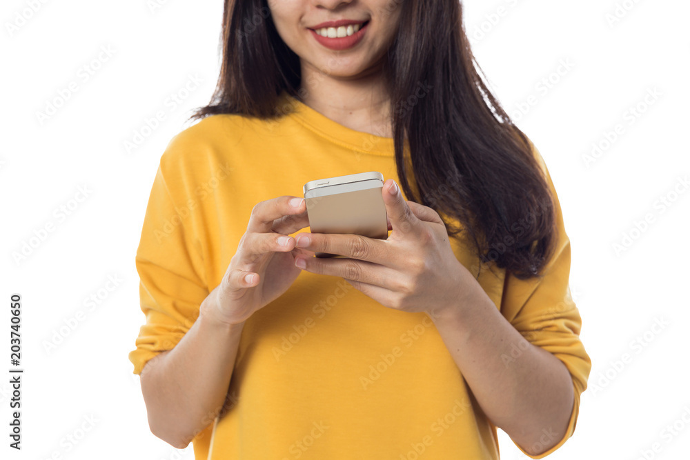 Young woman using smart phone on white background Young woman using smart phone on white background