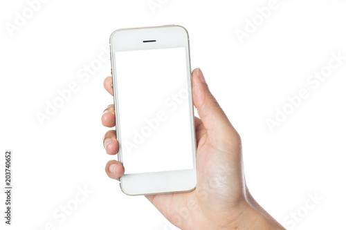 Hand woman holding smartphone with blank screen isolated on white background with clipping path