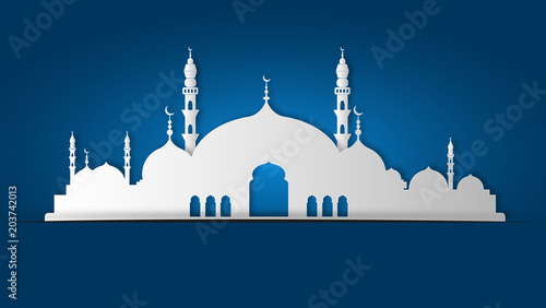 Ramadan Kareem and Eid Fitr concept. Illustration of mosque on blue background.