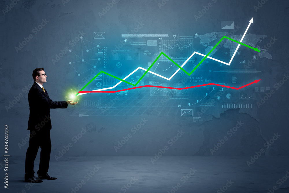 Caucasian businessman holding a stock-market, business and finance sign composition Caucasian businessman holding a stock-market, business and finance sign composition