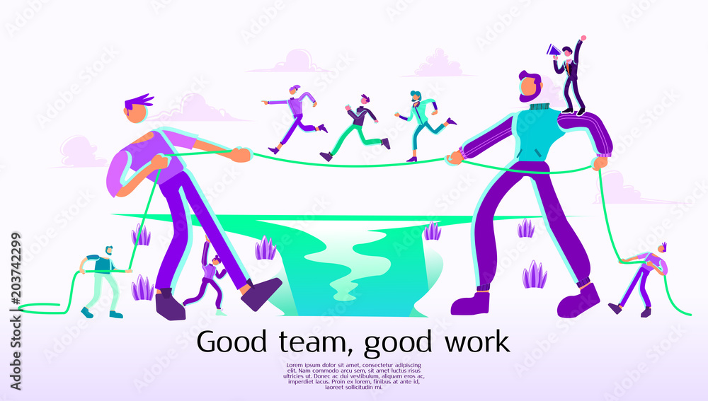 Business concept of vector illustration, Peoples helping each other to cross a river, good team good work, work together as team, company and start up, hand to hand, work with team illustration
