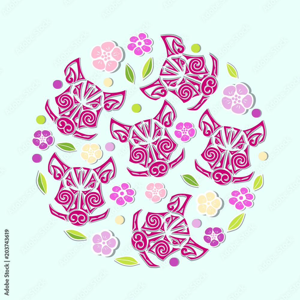 Circle concept with Boar's or Pig's head with flowers. Vector design element for oriental concept, tattoo studio, identity, pet shop. Pig, Boar is symbol of 2019 Chinese New Year. Circle concept with Boar's or Pig's head with flowers. Vector design element for oriental concept, tattoo studio, identity, pet shop. Pig, Boar is symbol of 2019 Chinese New Year.