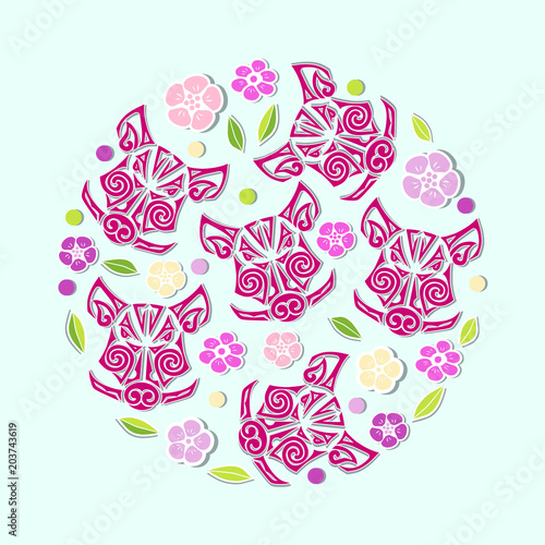 Fototapeta Naklejka Na Ścianę i Meble -  Circle concept with Boar's or Pig's head with flowers. Vector design element for oriental concept, tattoo studio, identity, pet shop. Pig, Boar is symbol of 2019 Chinese New Year.