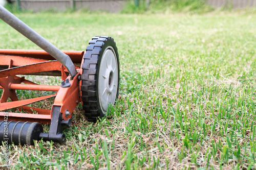 hand mower cutting grass