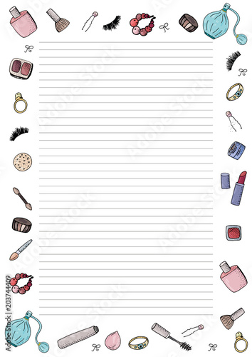 Cute fashion  A4 template for notes with make up tools, cosmetics. Vector organizer page. Trendy self-organization concept  with graphic design elements.