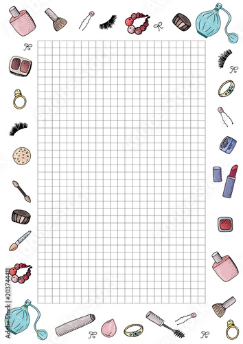 Cute fashion  A4 template for notes with make up tools, cosmetics. Vector organizer page. Trendy self-organization concept  with graphic design elements.