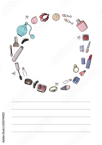 Cute fashion  A4 template for notes with make up tools, cosmetics. Vector organizer page. Trendy self-organization concept  with graphic design elements.