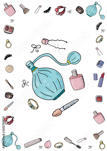 Cute fashion  A4 template for notes with make up tools, cosmetics. Vector organizer page. Trendy self-organization concept  with graphic design elements.