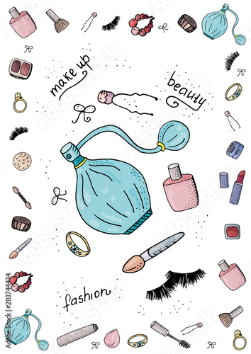 Cute fashion  A4 template for notes with make up tools, cosmetics. Vector organizer page. Trendy self-organization concept  with graphic design elements.