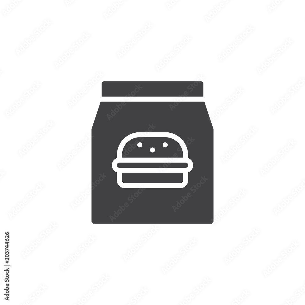 Burger paper bag vector icon. filled flat sign for mobile concept and web design. Take away food simple solid icon. Symbol, logo illustration. Pixel perfect vector graphics Burger paper bag vector icon. filled flat sign for mobile concept and web design. Take away food simple solid icon. Symbol, logo illustration. Pixel perfect vector graphics