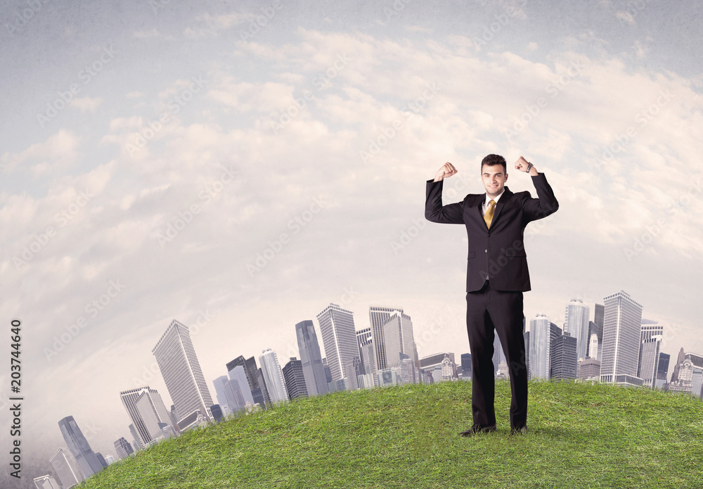 A successful male good looking business man standing in small green grass in front of city landscape with skyscrapers concept. A successful male good looking business man standing in small green grass in front of city landscape with skyscrapers concept.