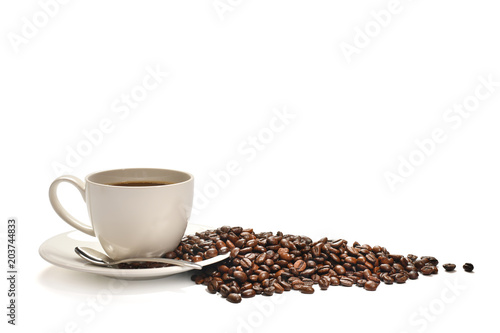  Cup of coffee and coffee beans isolated on white background