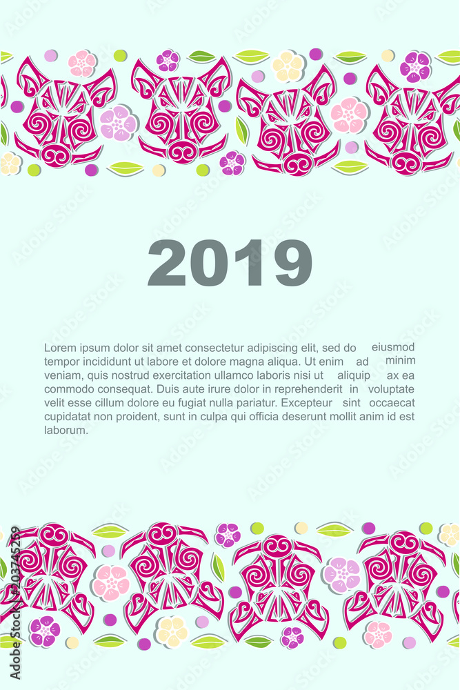 Vector illustration with Pig's or Boar's head and flowers. Template for party invitation, tattoo studio, greeting card, oriental concept, identity. Pig is symbol of 2019 Chinese New Year.