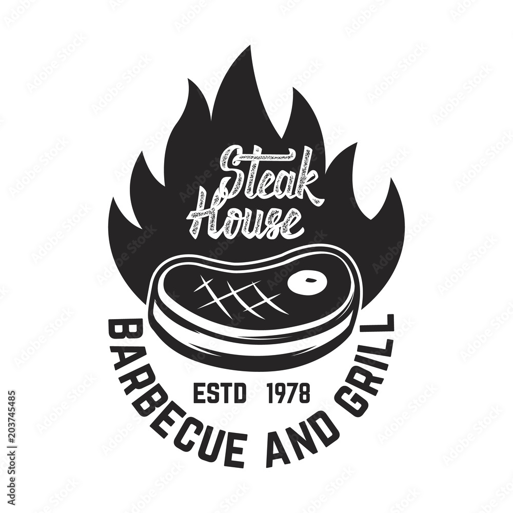Steak house. Cutted meat and crossed meat cleavers. Design element for logo, label, emblem. Steak house. Cutted meat and crossed meat cleavers. Design element for logo, label, emblem.