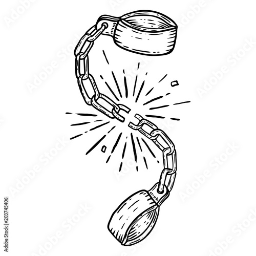Illustration of broken shackles on white background. Design element for poster, card, t shirt.