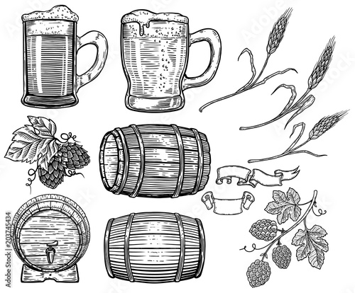 Set of hand drawn beer design elements. Hop, wheat, wood barrels, beer mugs. Design element for poster, card, menu, emblem, badge.