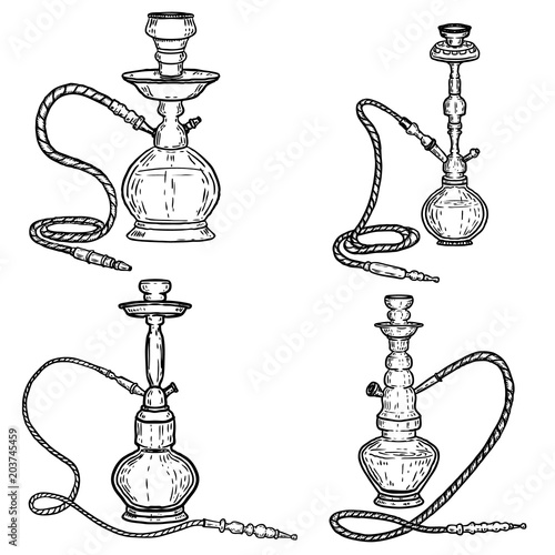 Set of hookah illustrations on white background. Design elements for poster, emblem, sign, badge.