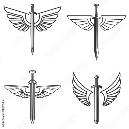 Set of emblems with medieval sword and wings. Design element for logo, label, emblem, sign.