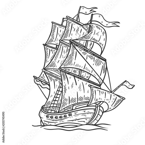 Hand drawn sea ship illustration on white background. Design element for poster, card, t shirt, emblem.