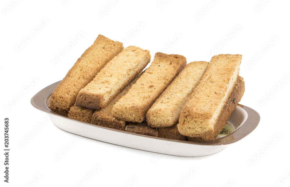 Indian Bakery Food Tea Time Sweet Dry Toast Snack Also Know As Indian Toast Snack, Toasted, Bread, Long Toast, Mawa Toast isolated on White Background