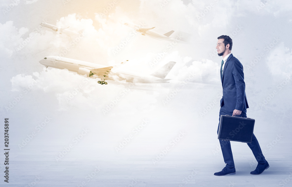 Obraz premium Elegant businessman going somewhere with briefcase and airplane on the background 