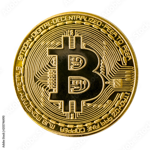 Bitcoin. Physical bit coin. Digital currency. Cryptocurrency. Golden coin with bitcoin symbol, isolated on white background, studio-shot